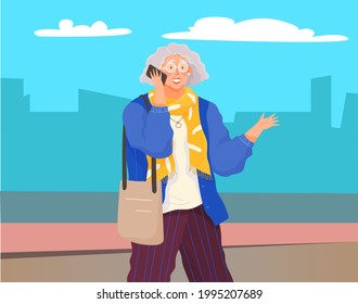 Senior person talking on mobile phone. Elderly woman with smartphone is communicating. Female character uses mobile device to communicate with someone. Old woman with smartphone on outdoor