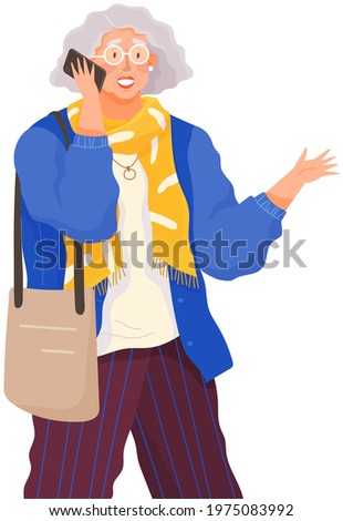 Senior person talking on mobile phone. Elderly woman with smartphone is communicating. Female character uses mobile device to communicate with someone. Old woman with smartphone on outdoor