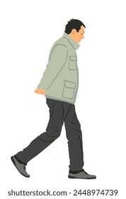 Senior person walking with hands on back vector illustration isolated on white background. Mature man worried, thinking about problems. People active life. Grandfather outdoor in autumn jacket.