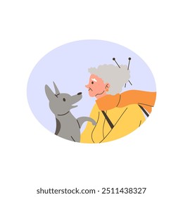 Senior mit Haustieren. Vektorgrafik von grauhaariger Oma mit grauem Hund. Nahaufnahme von Zeichen im runden Rahmen mit Seitenansicht. Freizeitaktivitäten älterer Menschen mit Haustieren. Flacher Stil.