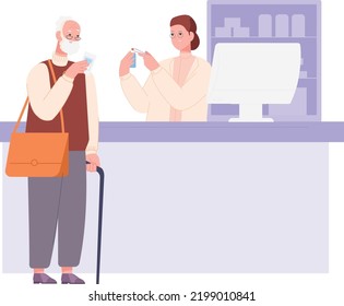 Senior in pharmacy store interior. Old man buying drugs isolated on white background