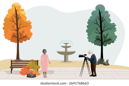 Senior photographer capturing stunning images of a woman in a vibrant park filled with colorful autumn trees and a picturesque fountain, celebrating the joy of photographer's day