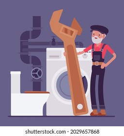 Senior plumber, emergency plumbing service, sanitary toilet work, bathroom fitting. Old skilled handy worker with giant wrench, spanner tool, professional technician to help. Vector illustration