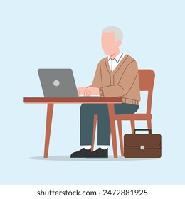 Senior Professional Working on Laptop, Vector Illustration