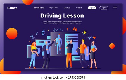 Senior professor lecturing students group in classroom. Grey haired doctor pointing at body silhouette, explaining human anatomy. Vector illustration for education, conference, class, medicine concept