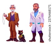 Senior professor, male scientist in white coat, egyptian black cat isolated on white background. Vector cartoon illustration of male characters for game design, animal with golden necklace, backpack