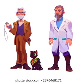 Profesor senior, científico masculino con abrigo blanco, gato negro egipcio aislado con fondo blanco. Ilustración de dibujos animados de personajes masculinos para el diseño de juegos, animal con collar dorado, mochila