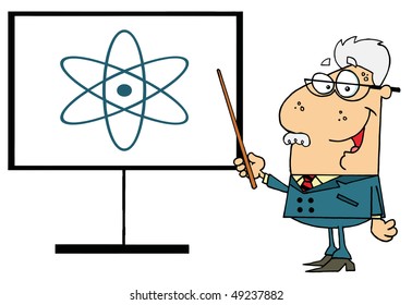  Senior Professor Pointing To An Atom Sign