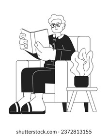 Senior reading book black and white cartoon flat illustration. Elderly adult man armchair sitting with literature linear 2D character isolated. Bookworm pensioner monochromatic scene vector image