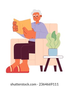 Senior reading book cartoon flat illustration. Elderly adult man armchair sitting with literature hardcover 2D character isolated on white background. Bookworm pensioner scene vector color image