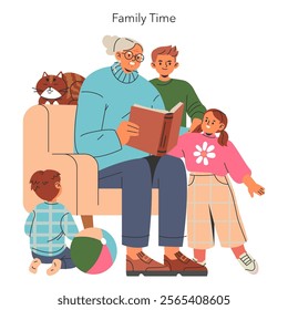 Senior reading to grandchildren, family bonding at home, togetherness across generations with a pet cat. Vector illustration.