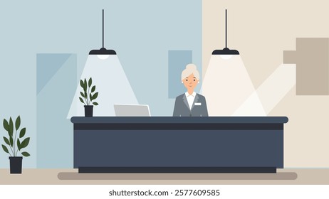 A senior receptionist standing at a modern office front desk with a well-lit, clean workspace and indoor plants