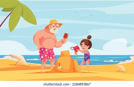 Afiche de familiares mayores con abuelo y niño jugando en ilustración vectorial de caricatura en la costa