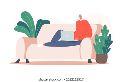 Hombre Relajado de mayor edad independiente trabajando en un sofá acogedor para portátiles. Ocupación de Empleados Conjuntos, Actividad de Trabajo Empresarial, Trabajo En Línea, Comunicación Virtual. Ilustración del vector de dibujos animados