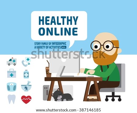 senior research health online
health care concept.
infographic elements.
flat cute cartoon design illustration.