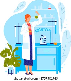 Senior Research Scientist Woman Character Study Lab Flask, Female Occupation Professional Biology Scholar Isolated On White, Cartoon Vector Illustration. Person Academic Worker, Laboratory Workplace.