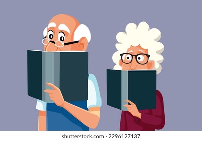 
Senior Retired Couple Reading Novels Together Vector Cartoon. Grandma and grandpa interested in sharing reading hobby 
