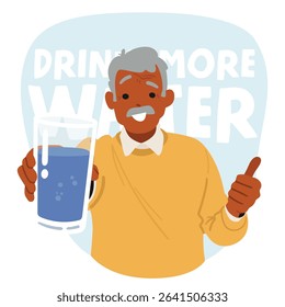 Senior retired man character offering bottle of clean water for refreshment exhorting healthy habit drink more liquid to prevent problems with well-being vector illustration. Refreshment and vitality