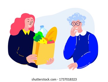 Senior Retired Old Woman Meets Volunteer. Young Girl Delivering Food Donation Supply Aged Pensioner.Home Shopping.Buy,Receive Parcel.Assistance Delivery.Coronavirus Quarantine.Flat Vector Illustration