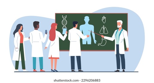 Un profesor de ciencias de primer nivel cerca de la pizarra conduce a clase a un grupo de estudiantes becados. educación en la facultad de medicina. Hombres y mujeres con estudios de uniforme. Concepto vectorial aislado de estilo plano de caricatura