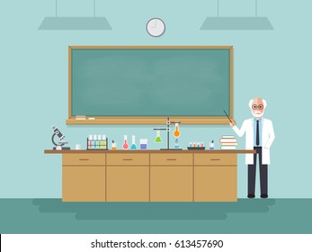 Senior science teacher, scientist professor standing with chalkboard teaching student in laboratory classroom at school, college or university. Vector illustration of flat design people characters.