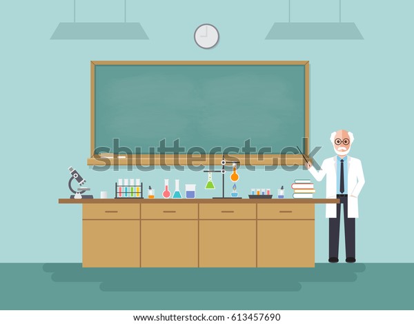 理科の先生 科学者の教授が 学校 大学の研究室の教室で 黒板を教えています フラットデザインの人物のキャラクターのベクターイラスト のベクター画像素材 ロイヤリティフリー