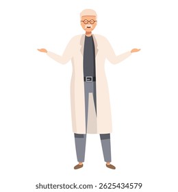 Senior scientist explaining something with open arms, wearing lab coat and glasses