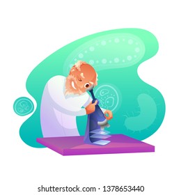 Senior scientist looking in microscope character. Biologist, medic discovering microorganisms flat illustration. Lab testing. Bacterium samples. Microbiology teacher isolated clipart