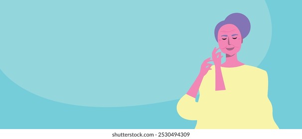 Cuidado personal senior como concepto de perfección imperfecta, ilustración de stock de Vector plano con mujer mayor o Plantilla de espacio de copia para superposición