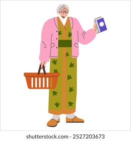 Concepto de compras senior. Mujer anciana sostiene cesta y comestibles, destacando la vida independiente para la población que envejece. Ilustración vectorial.