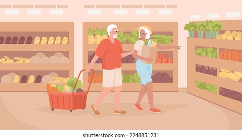Senior shopping hours flat color vector illustration. Healthy lifestyle. Old couple purchasing vegetables together. Fully editable 2D simple cartoon characters with goods sections on background