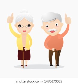 Senior showing thumbs up like. Happy old pensioner character design.Group of senior friends.Vector, illustration