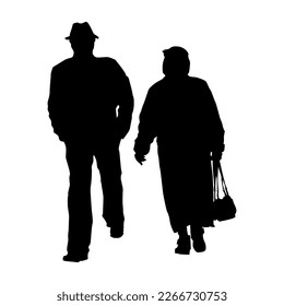 Senior silhouette isolated on white background. Old couple walk outdoors. Grandfather and grandmother together. Two elderly people walking along street. Mature pair. Stock vector illustration