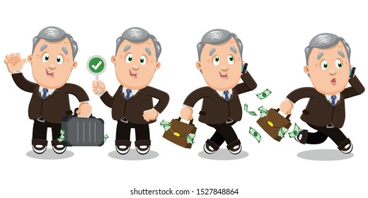 Senior silver haired businessman, SEO in formal suit going, hurry up to meeting, negotiation, speaking by phone, keeping briefcase with money, permissive sign. Vector cartoon set isolated on white.