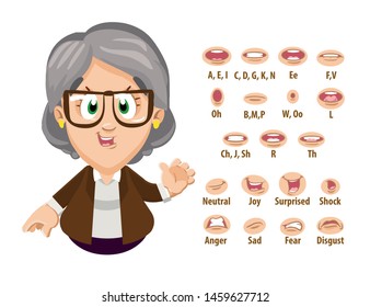 Senior silver haired woman, grandmother in glasses shows to set of mouth, teeth positions. Lip sync emotions collection. Can be used for animation. Cartoon vector illustration isolated on white.