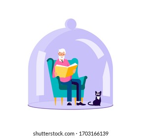 Senior sits in chair and reads a book Under Glass Cover. Old man closed from the Coronavirus with transparent glass semi-sphere during Self isolation period or quarantine. Flat Art Vector Illustration