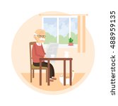 Senior sitting on a chair and reading a newspaper. Old man drinks tea with milk. White cat under the table. Happy life of older people concept. Vector illustration flat design