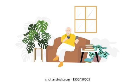 Senior sitting on sofa in Nursing home living, home care elderly with monstera leaves in white pot decorating of interior design,  for banner, infographic, ui, ux, website o publisher, flat vector.