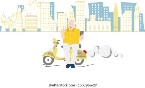 Senior sitting on Vespa (motor scooter) in cityscape nursing home living, home care elderly,  for banner, infographic, design for ui, ux, website or publisher, flat vector, easy to adjust.