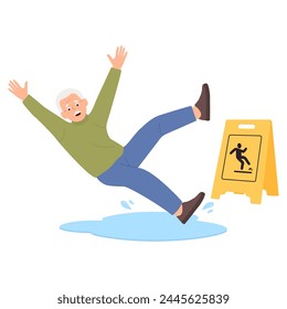 The senior slipped on the wet floor. Dangerous dropping. Yellow caution sign. Flat  vector illustration