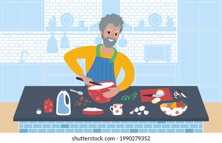 Senior Smiling Caucasian Man Cooking Food. Meal Preparation In The Kitchen. Flat Style Vector Illustration.