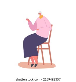 Senior Smiling Lady Sitting on Chair at Home, Old Female Character Having Leisure, Sparetime, Relaxing or Chatting with Friend Isolated on White Background. Cartoon People Vector Illustration