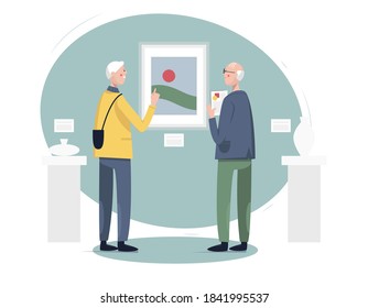 Senior Social Active Lifestyle Concept. Senior Men Visiting Art Gallery Or Museum Exhibition. Vector Flat Illustration. Template Design For Poster, Card, Web, Etc. 