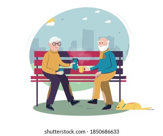 Senior social active lifestyle concept. Senior men sitting on the bench and drinking tea or coffee from thermos flask. Vector flat illustration. Template design for poster, card, web, etc. 