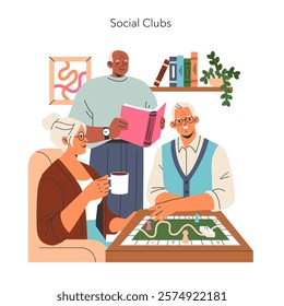 Senior social club concept. Elderly friends enjoy leisure time together, engaging in board games and reading. Cozy, inclusive retirement activities. Vector illustration.