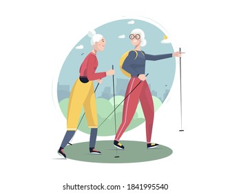 Senior social and sport active lifestyle concept. Senior women nordic walking on the city landscape background. Vector flat illustration. Template design for poster, card, web, etc. 