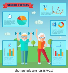 Senior sport infographics with adult couple training and charts set vector illustration