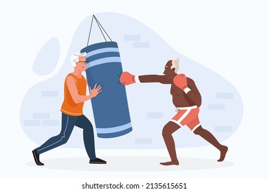 Senior sportsman boxing training with his trainer. Active elderly man practice fighting sport vector flat illustration