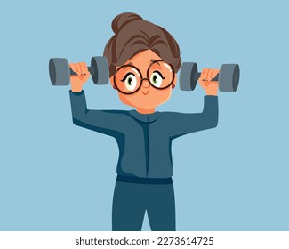 
Senior Sporty Woman Exercising with Dumbbells Vector Cartoon Illustration. Cheerful retired person having fun staying active, healthy and fit
