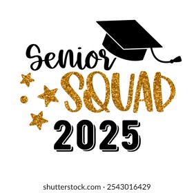 Senior Squad 2025. Trendy calligraphy inscription with black hat